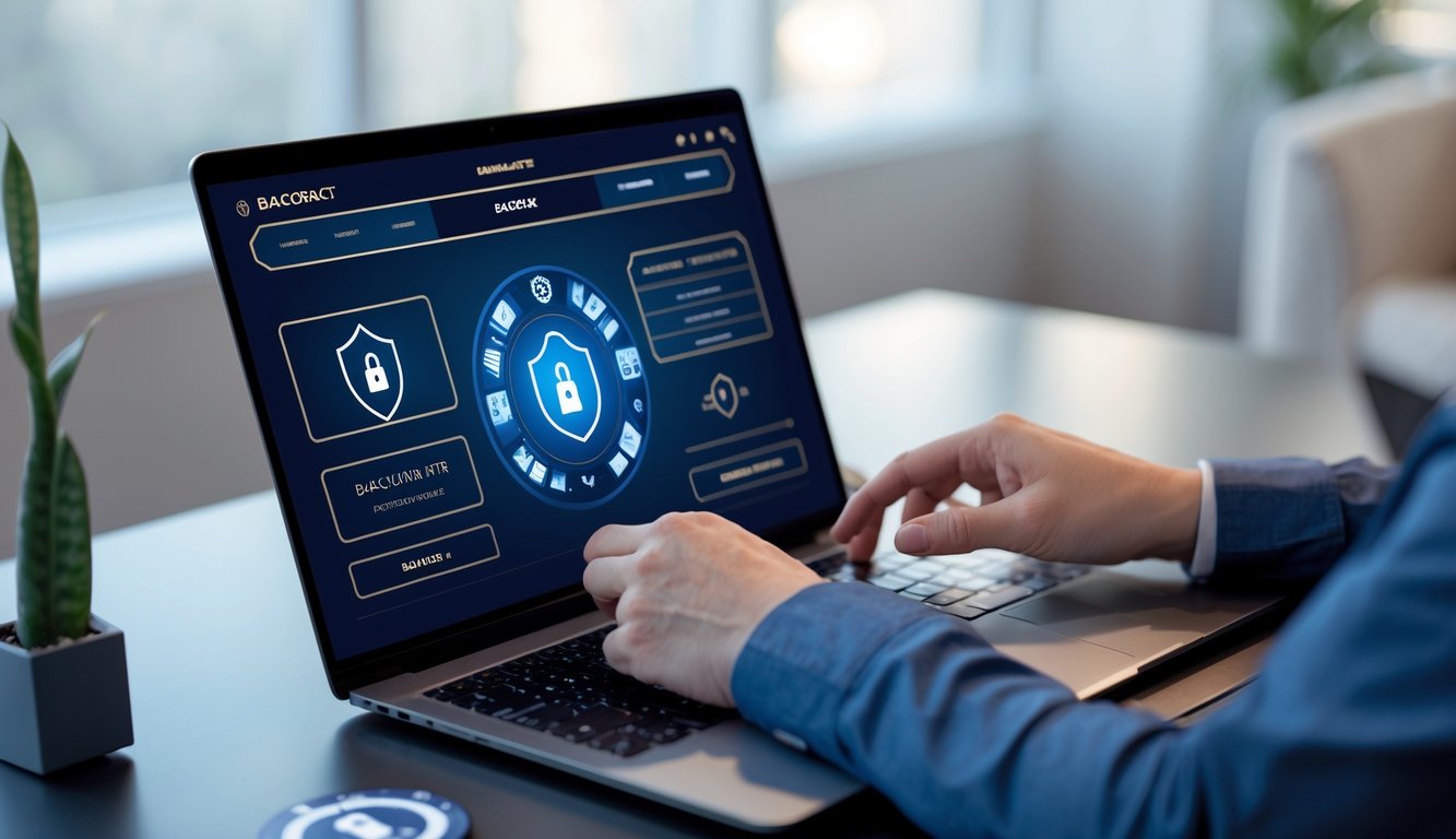 Seseorang menggunakan laptop dengan tampilan platform baccarat online yang aman dan terpercaya di meja kerja yang rapi.