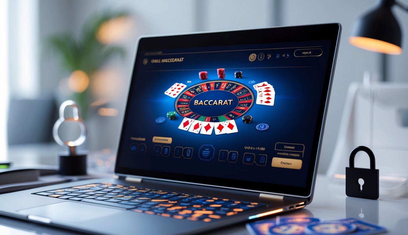 Sebuah meja kerja dengan komputer menampilkan permainan baccarat online, kartu dan chip terlihat di layar, dengan latar belakang yang bersih dan pencahayaan yang terang.