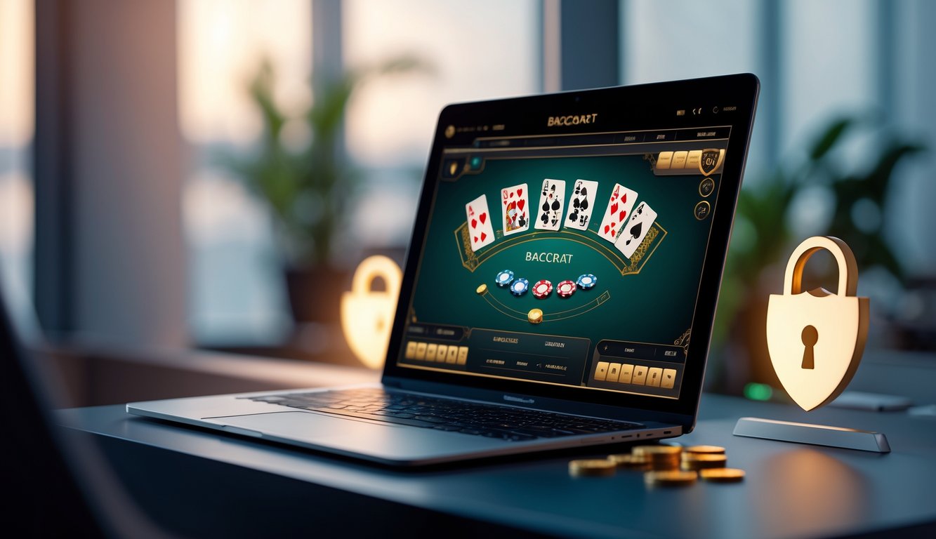 Seseorang menggunakan perangkat digital untuk bermain baccarat online dengan kartu dan chip terlihat di layar.