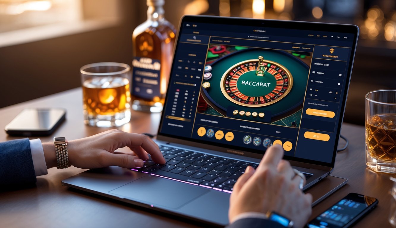 Orang sedang menggunakan laptop dengan permainan baccarat online di layar, dikelilingi oleh smartphone dan gelas minuman di meja kerja yang rapi.