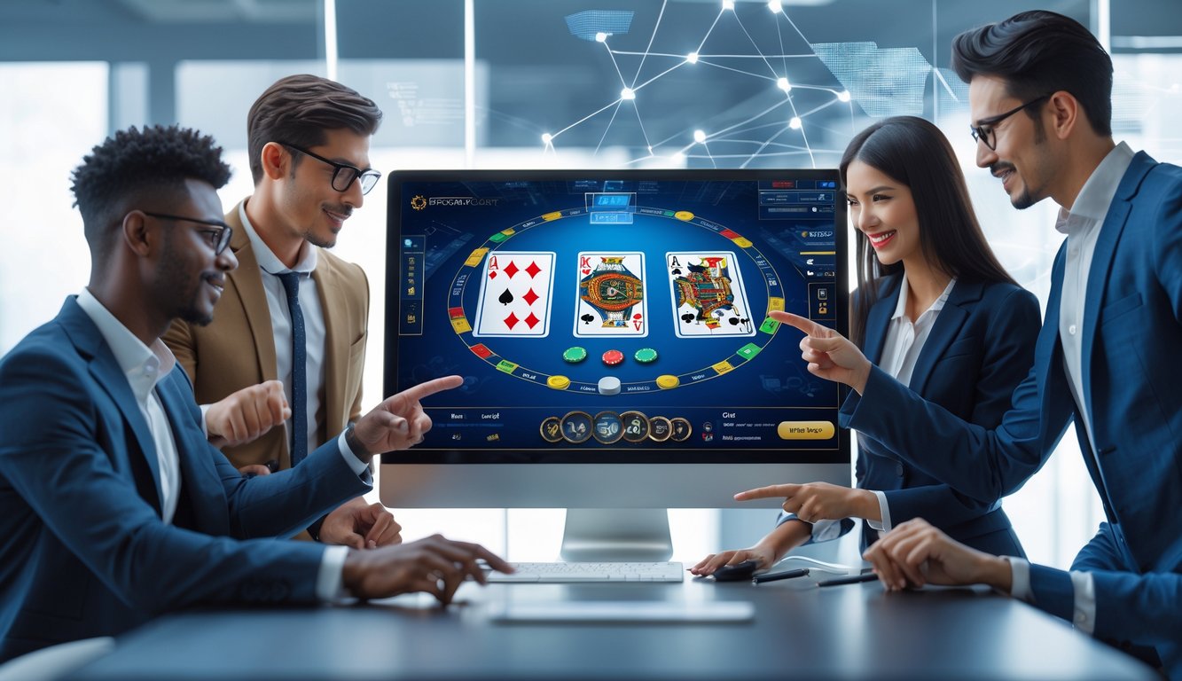 Sekelompok profesional muda sedang berdiskusi di depan komputer dengan tampilan permainan baccarat online di layar.