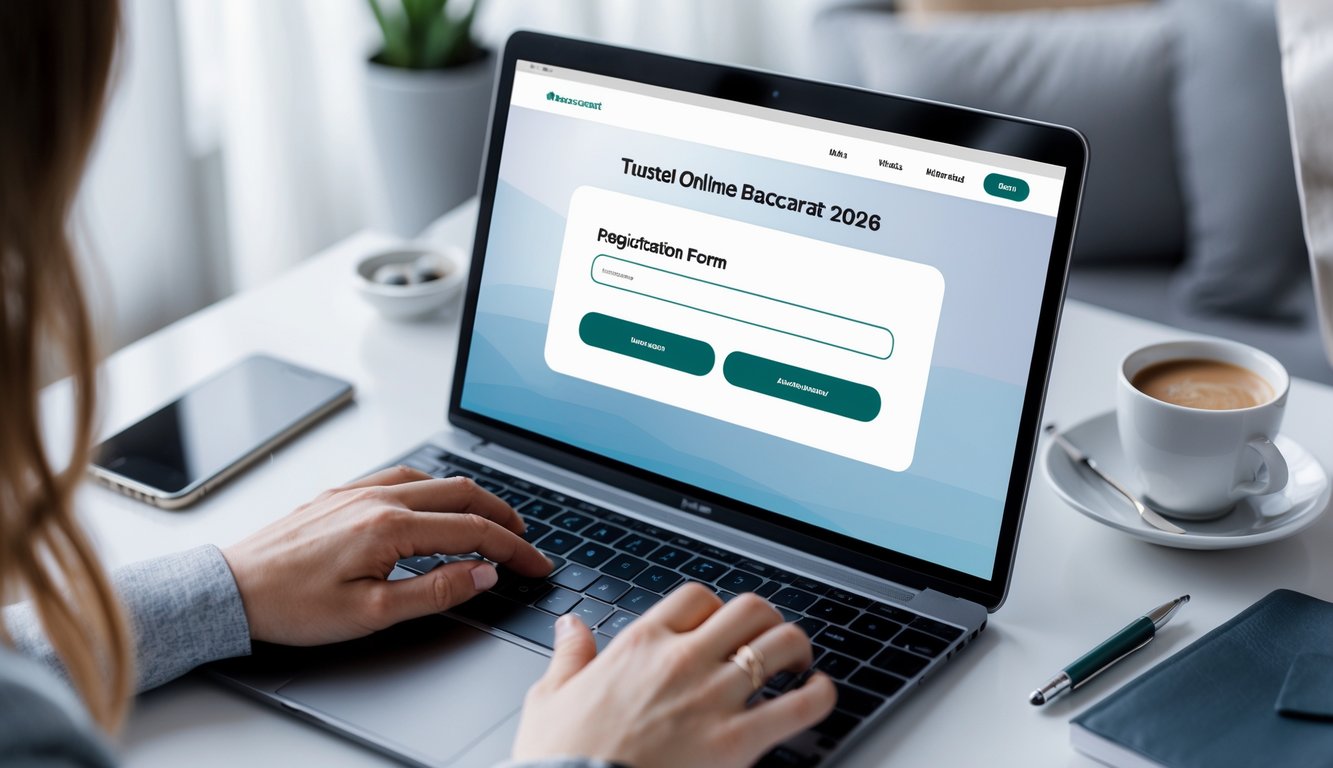 Seseorang sedang mendaftar di situs baccarat online terpercaya menggunakan laptop di meja kerja yang rapi.