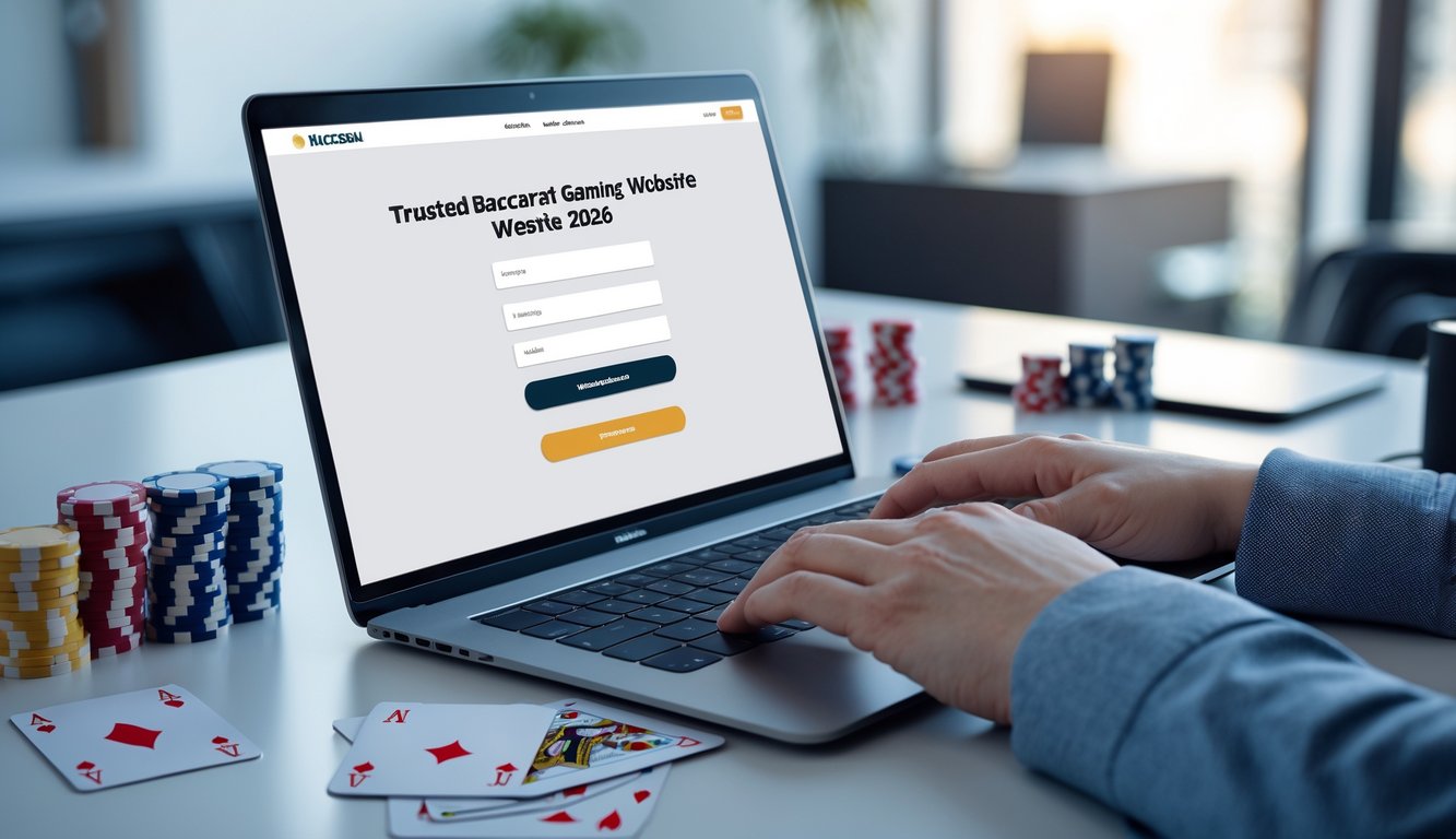 Meja kerja dengan laptop yang menampilkan formulir pendaftaran online, tangan seseorang sedang mengetik, kartu remi dan chip poker di atas meja.