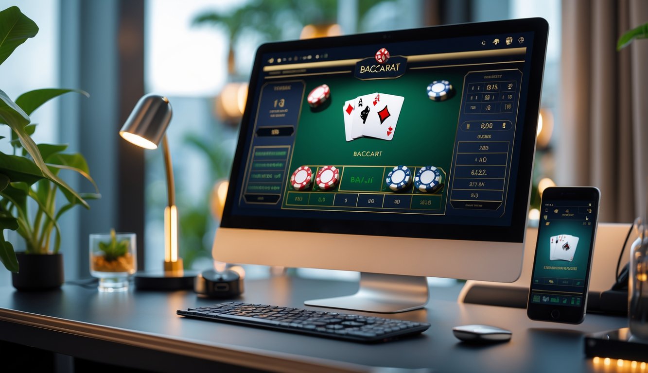 Meja kerja modern dengan komputer menampilkan permainan baccarat online dan aksesori teknologi di sekitarnya.