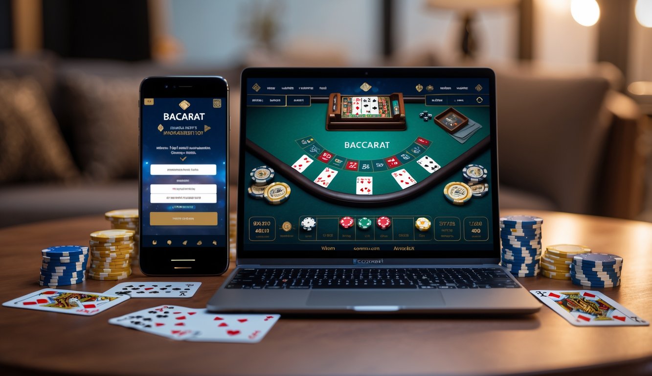 Sebuah laptop modern menampilkan permainan baccarat online dengan kartu dan chip kasino di sekitarnya di meja kerja yang rapi.