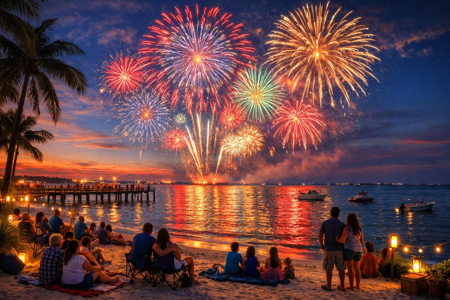 People watching colorful fireworks over the ocean from a sandy beach with palm trees and piers at dusk.