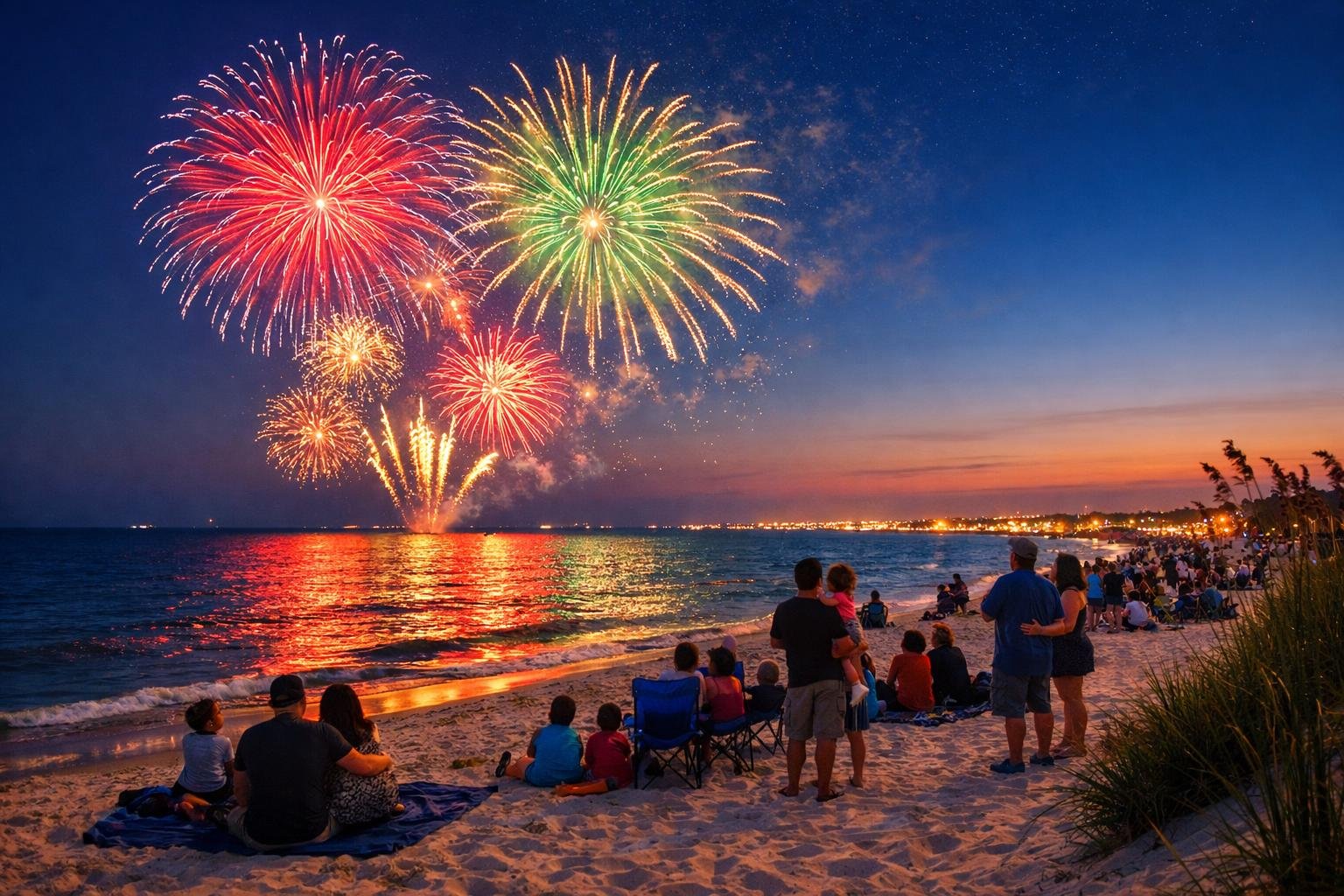 People gathered on a beach in Long Beach, Mississippi watching colorful fireworks over the ocean at night.