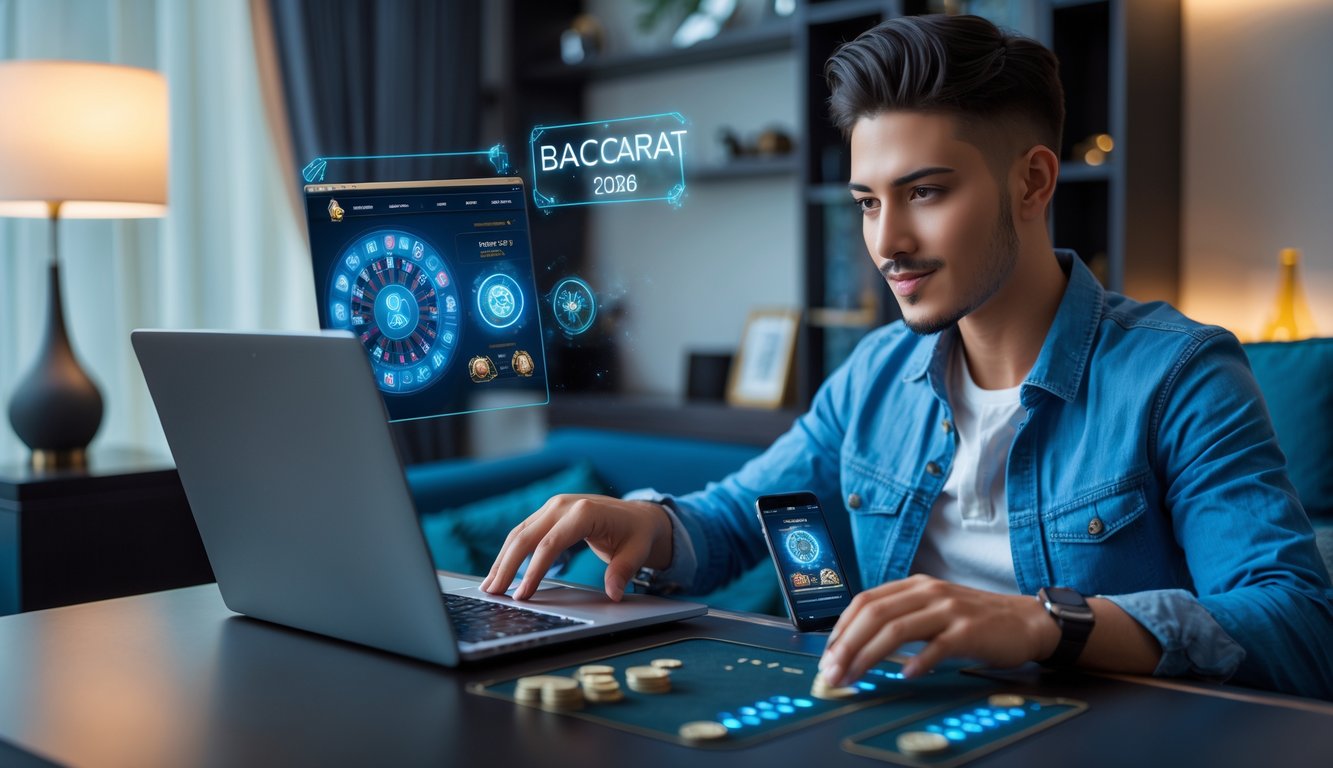 Seseorang sedang menggunakan laptop dan ponsel di ruang santai modern untuk bermain baccarat online dengan suasana yang nyaman dan aman.