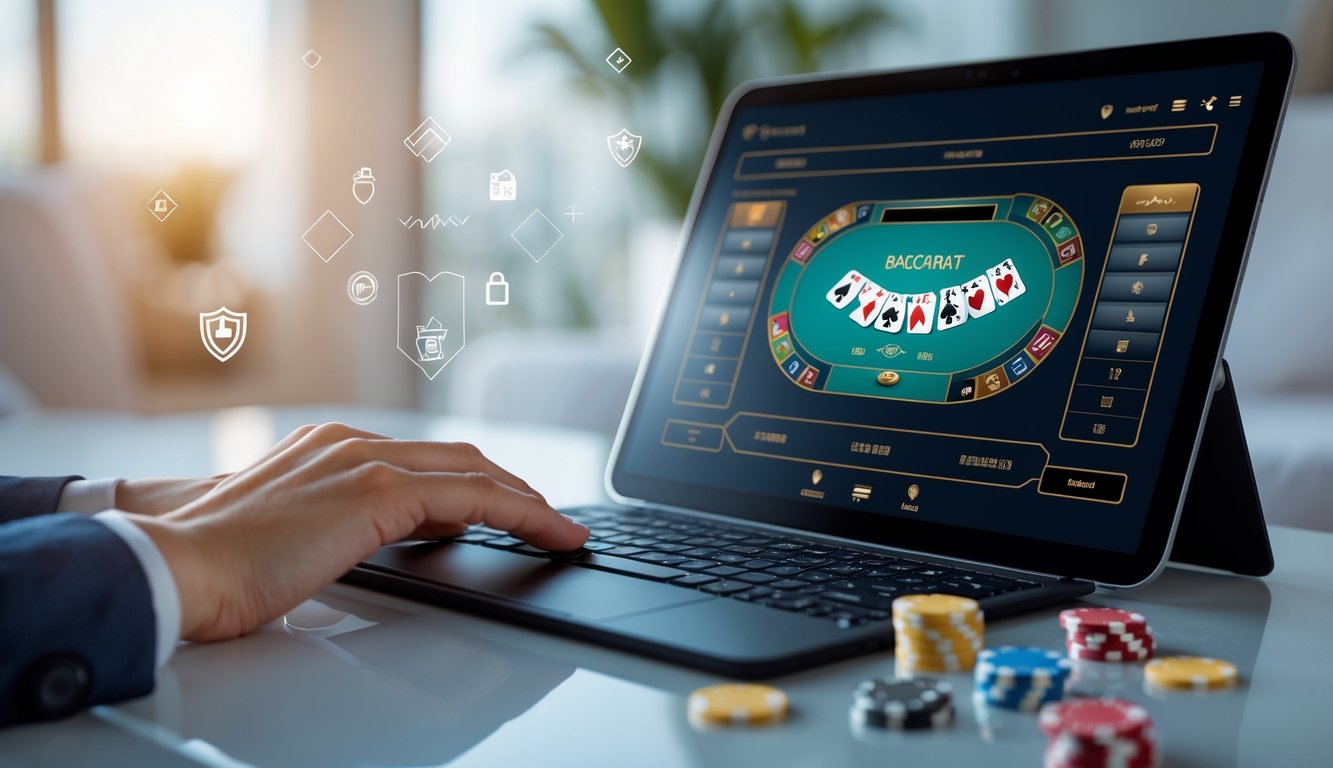 Tampilan meja baccarat digital dengan kartu dan chip di layar komputer, menunjukkan suasana permainan online yang aman dan terpercaya.