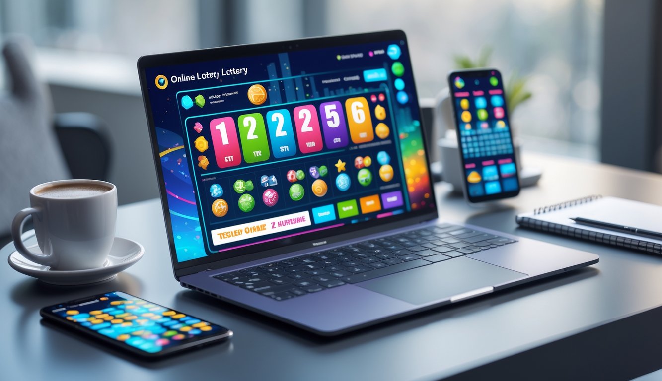 Meja kerja modern dengan laptop dan ponsel yang menampilkan antarmuka situs lotere online, dengan cangkir kopi dan alat tulis di sekitarnya.