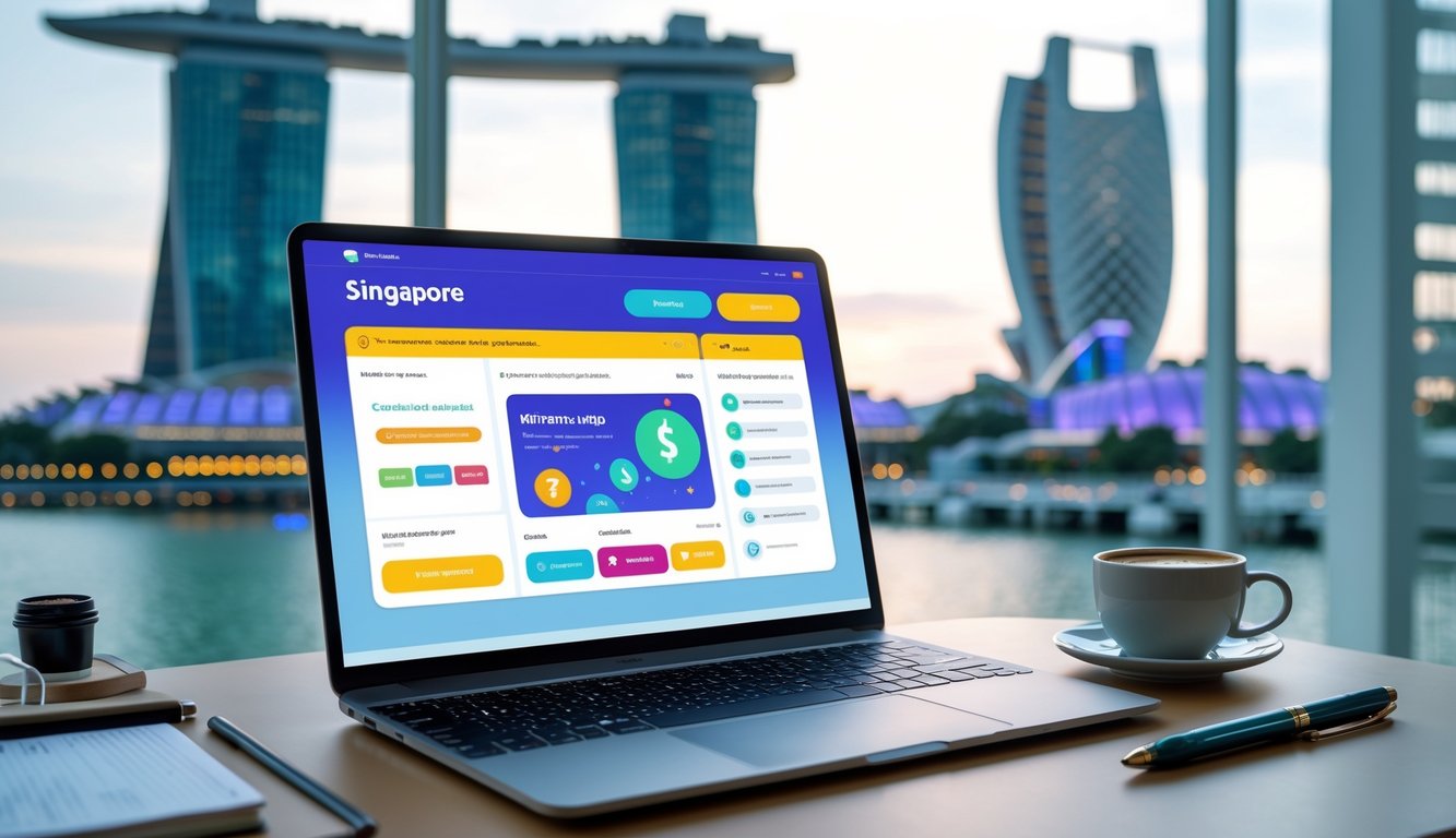 Seorang pengguna sedang melihat situs togel online terpercaya di layar laptop dengan latar belakang elemen khas Singapura yang samar.