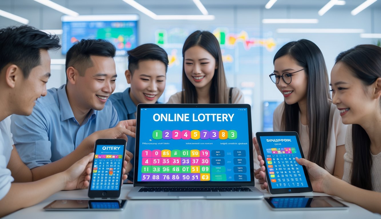 Beberapa orang menggunakan perangkat elektronik untuk bermain togel online di ruang kantor modern.