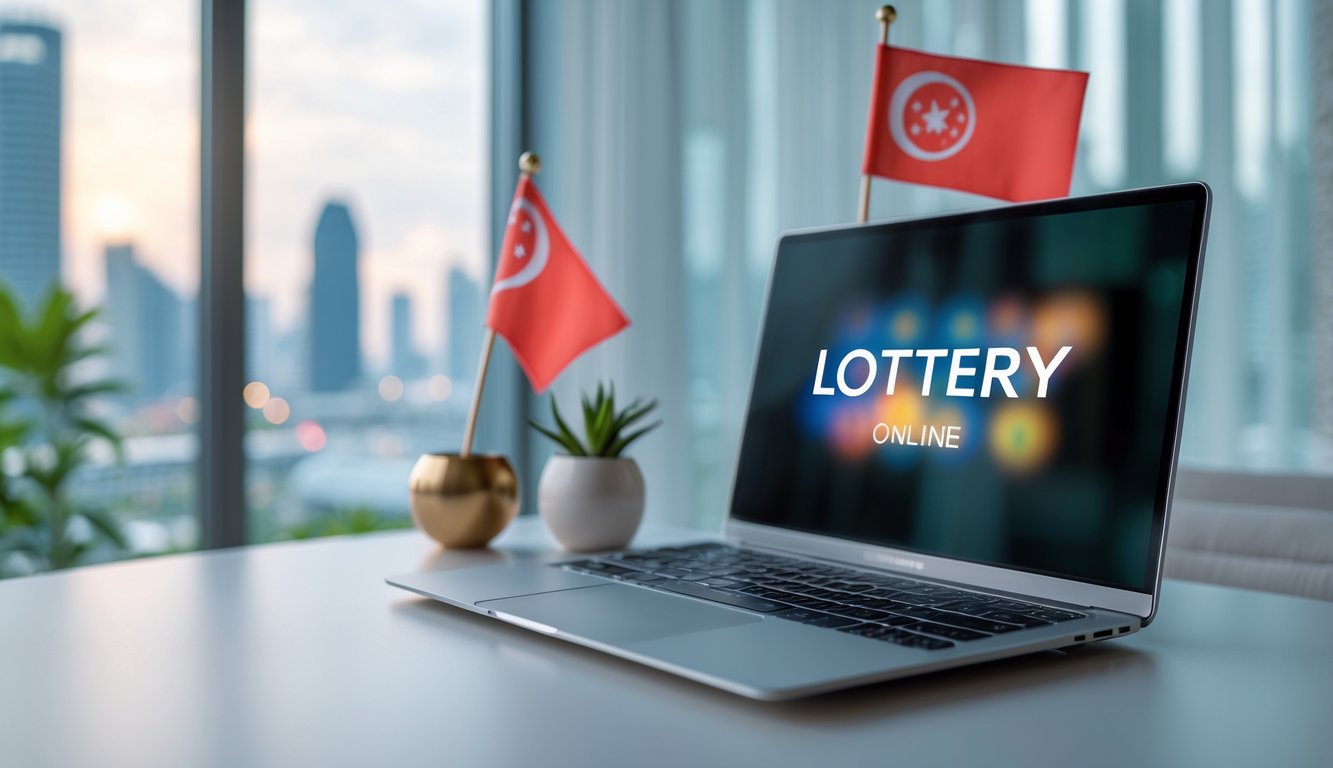 Meja kerja modern dengan laptop yang menampilkan situs togel online, dilengkapi dekorasi kecil bertema Singapura di latar belakang.