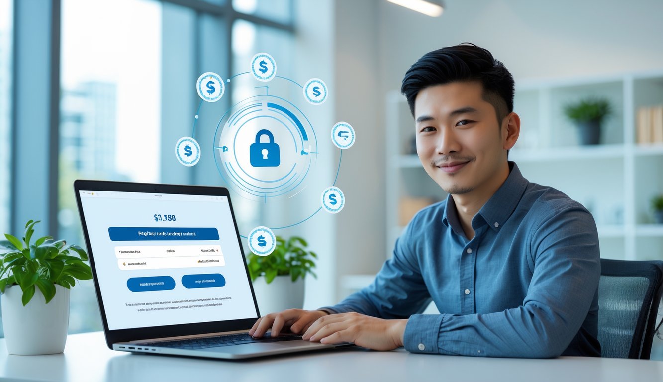 Seorang pria muda duduk di meja kantor modern menggunakan laptop dengan tampilan pembayaran online yang aman dan cepat.