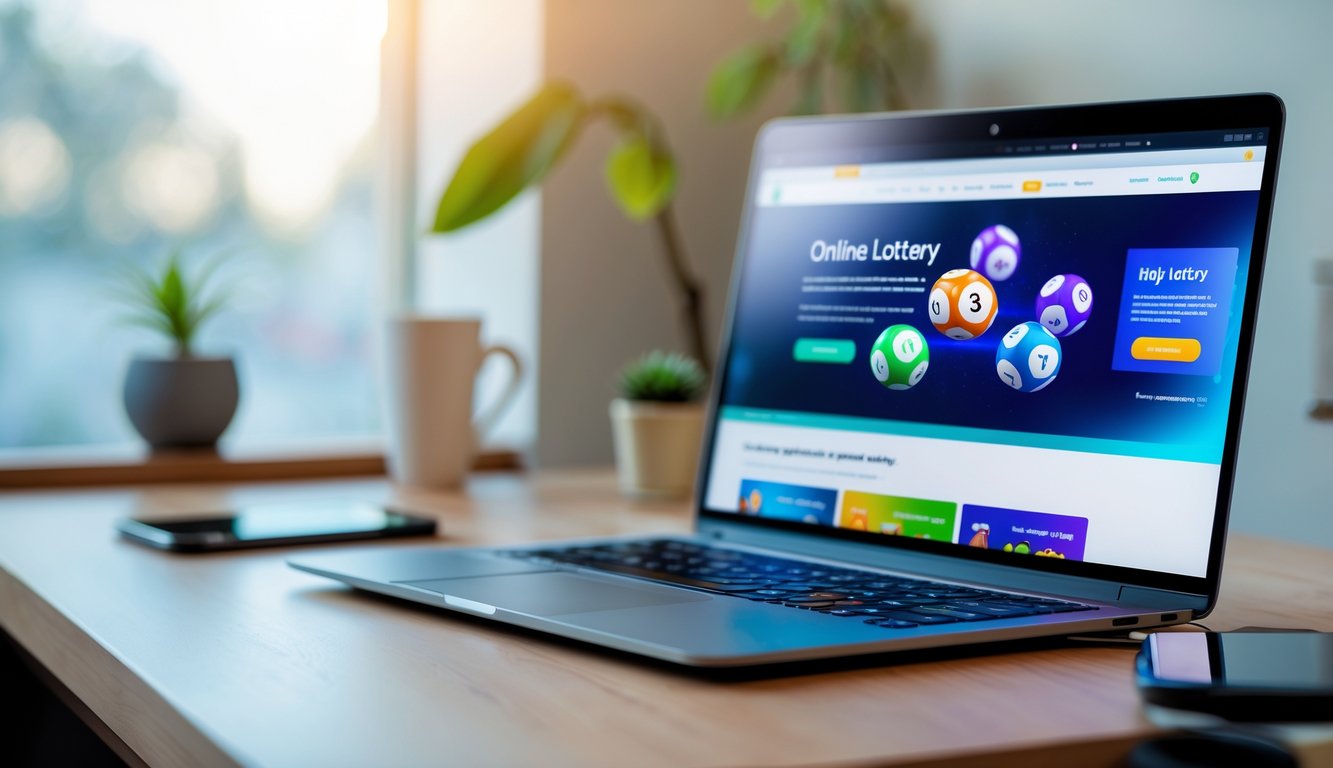 Meja kerja modern dengan laptop dan ponsel yang menampilkan aktivitas permainan online, dengan tanaman kecil dan cangkir kopi di sekitar.