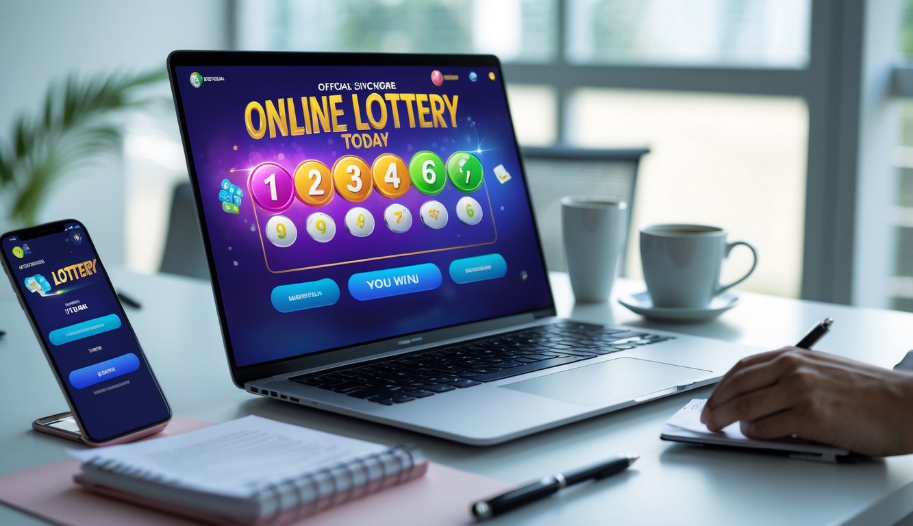 Meja kerja modern dengan laptop dan ponsel yang menampilkan aplikasi lotere online, di dalam ruangan terang dengan cahaya alami.
