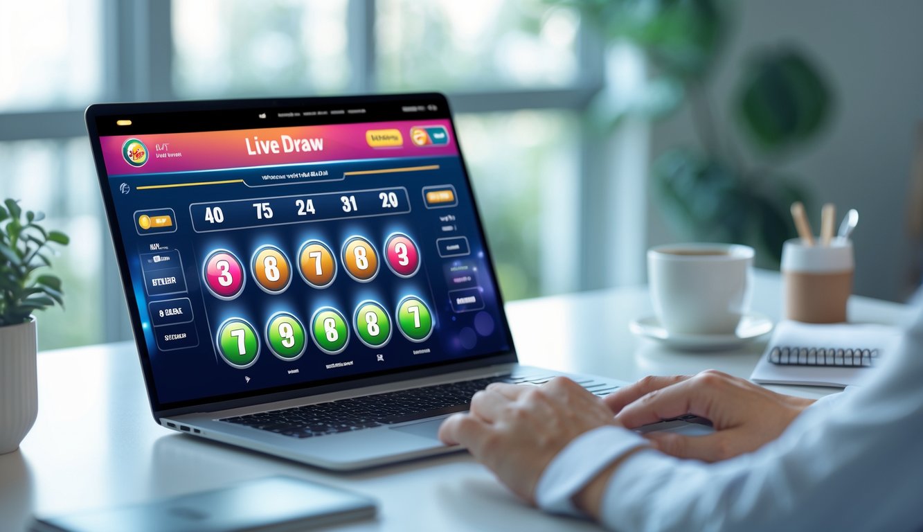 Seseorang menggunakan perangkat digital yang menampilkan hasil undian togel secara langsung di ruang kerja yang rapi dan terang.