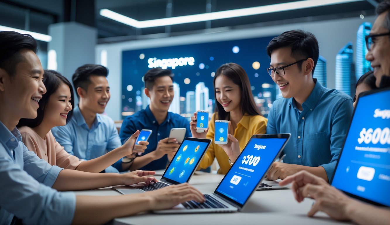 Orang-orang menggunakan perangkat digital untuk bermain togel online dengan latar belakang elemen khas Singapura.