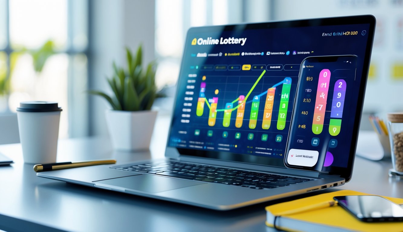 Meja kerja modern dengan laptop dan ponsel yang menampilkan hasil togel online, di ruang kantor yang terang dan rapi.