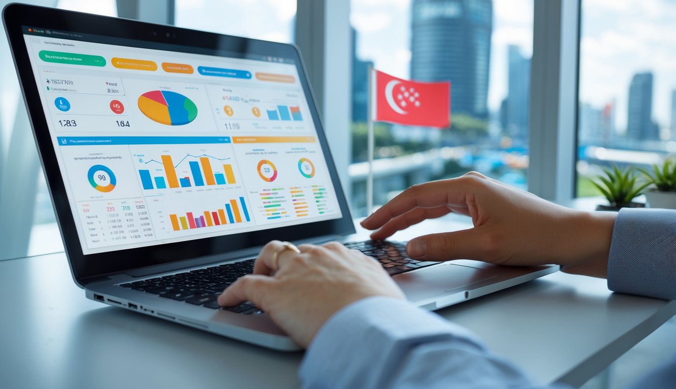 Seseorang menggunakan laptop di meja kerja dengan tampilan grafik dan data lengkap tentang hasil lotere Singapura, dengan latar belakang jendela yang memperlihatkan pemandangan kota.