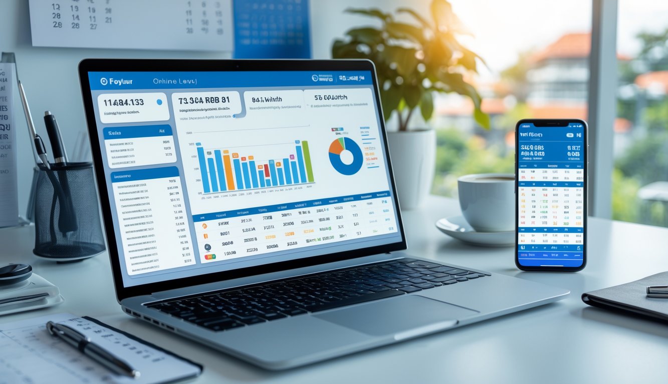 Meja kerja modern dengan laptop dan ponsel yang menampilkan data hasil togel secara digital.