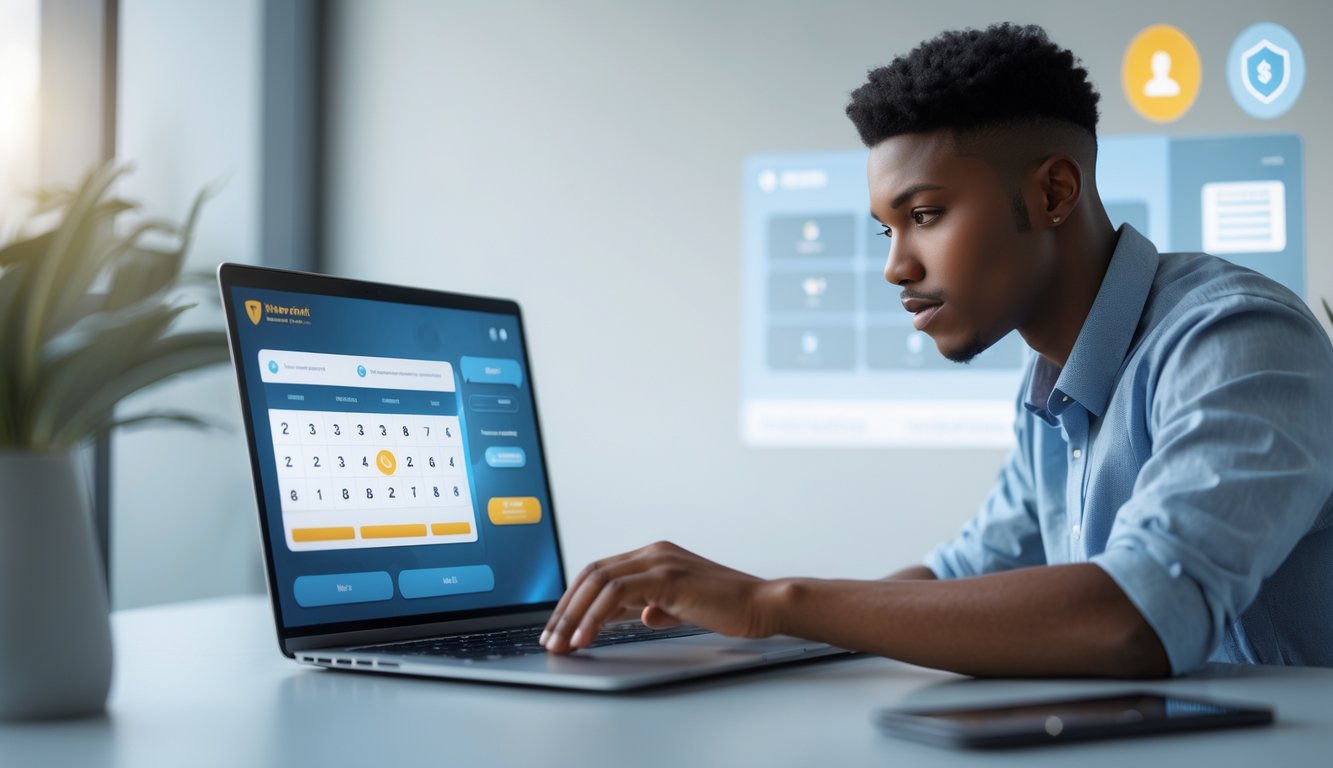 Seorang dewasa muda sedang menggunakan laptop di ruang kerja modern yang terang, menunjukkan suasana platform lotere online yang aman dan terpercaya.