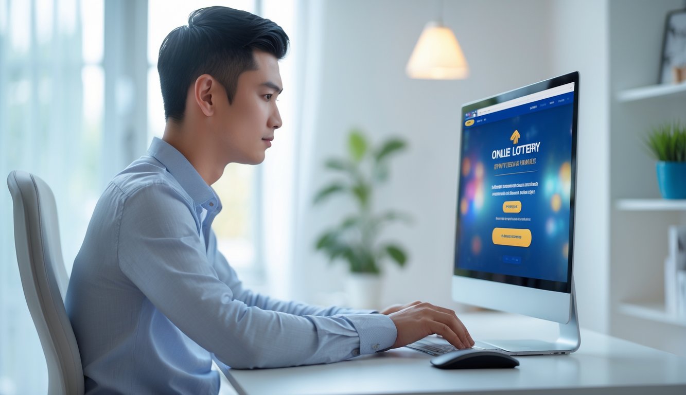 Seorang pria muda duduk di meja kerja dengan laptop di ruang kerja rumah yang terang dan rapi.