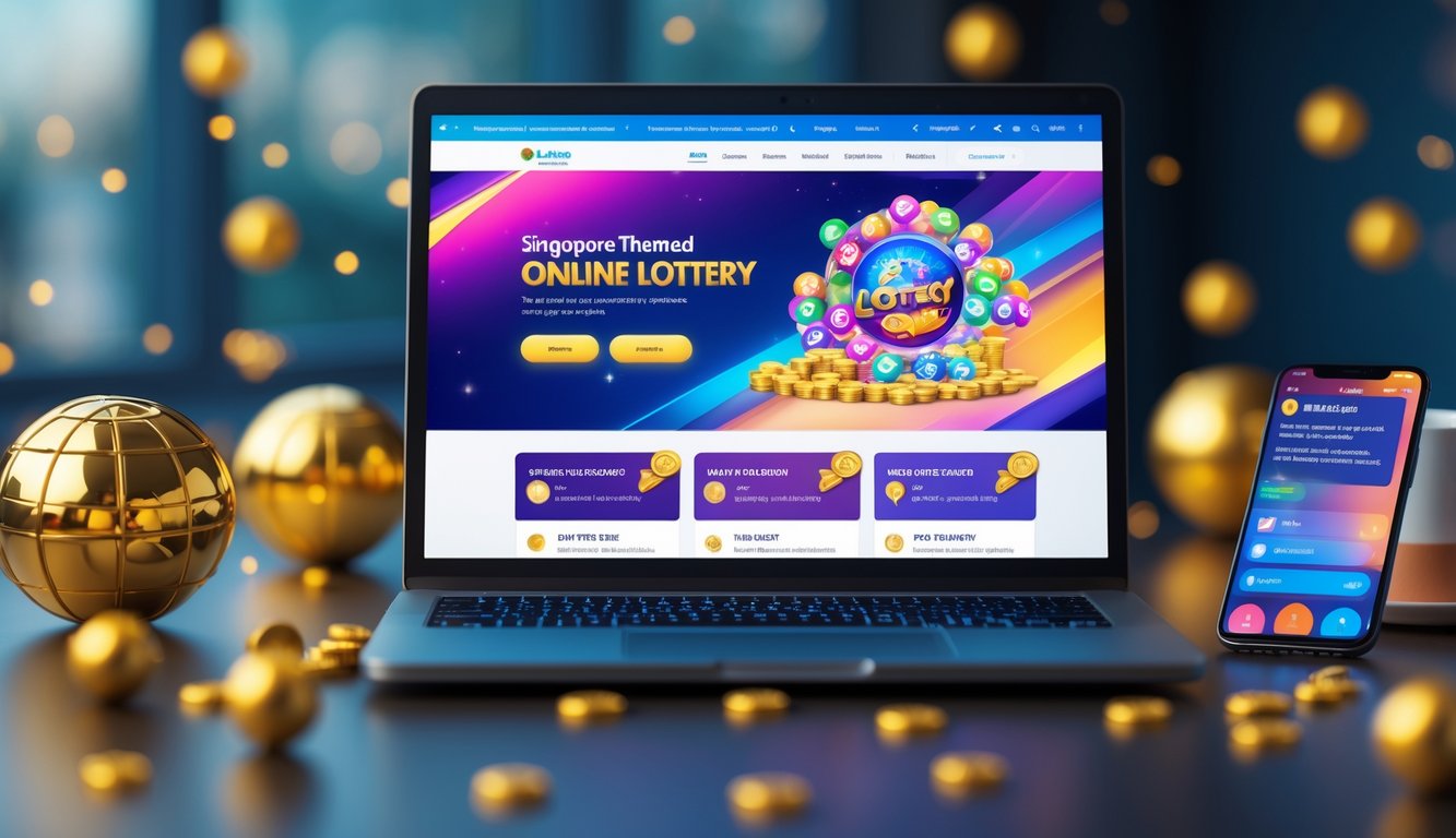 Meja kerja modern dengan laptop yang menampilkan situs togel online bertema Singapura dan bola togel emas di sekitarnya.