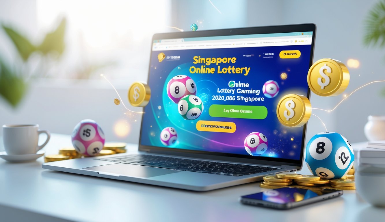 Meja kerja modern dengan laptop yang menampilkan situs togel online Singapura dan bola togel serta koin di sekitarnya.