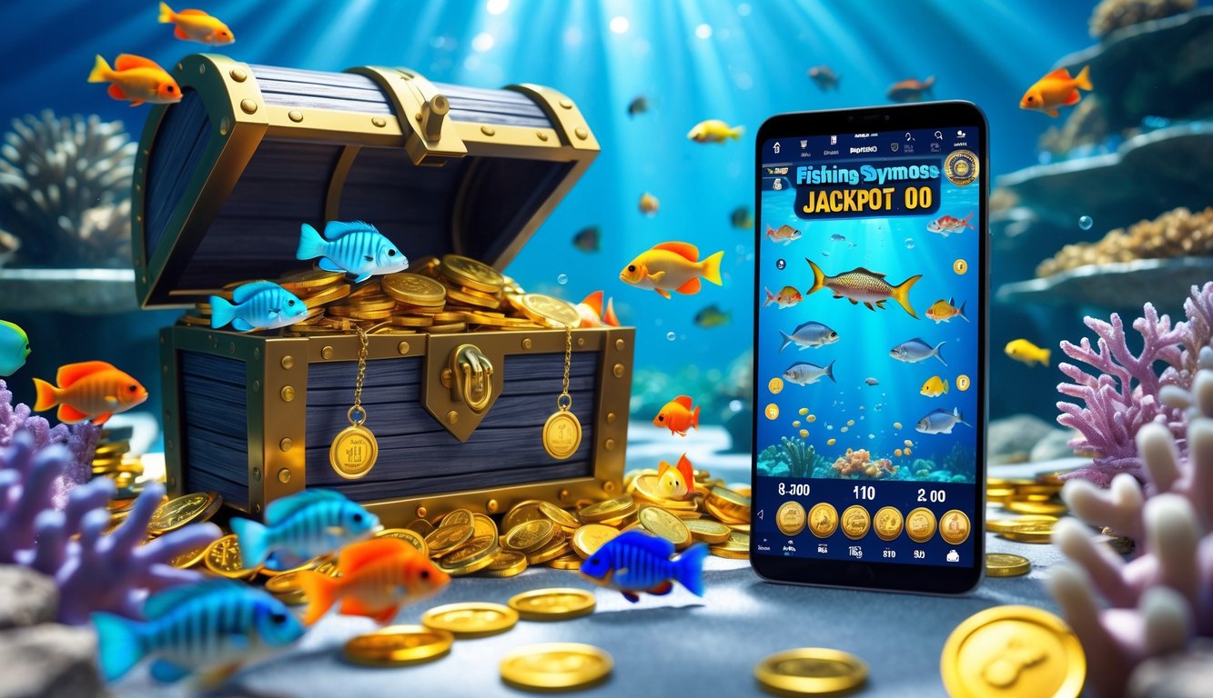 Pemandangan bawah laut dengan ikan tropis berwarna-warni berenang di sekitar peti harta karun yang penuh dengan koin emas, serta perangkat digital yang menampilkan permainan memancing dengan simbol jackpot.
