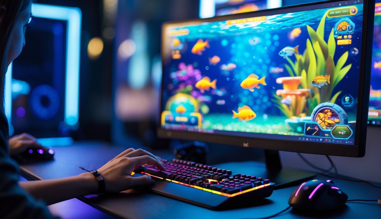 Seseorang sedang bermain game tembak ikan di komputer dengan layar menampilkan ikan berwarna-warni di bawah laut.