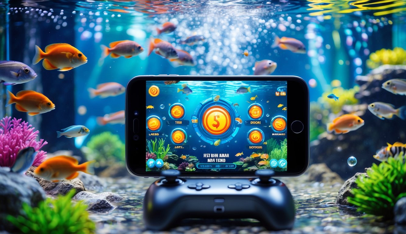 Pemandangan bawah laut dengan ikan tropis berwarna-warni dan layar permainan tembak ikan yang menampilkan target dan ikon jackpot.