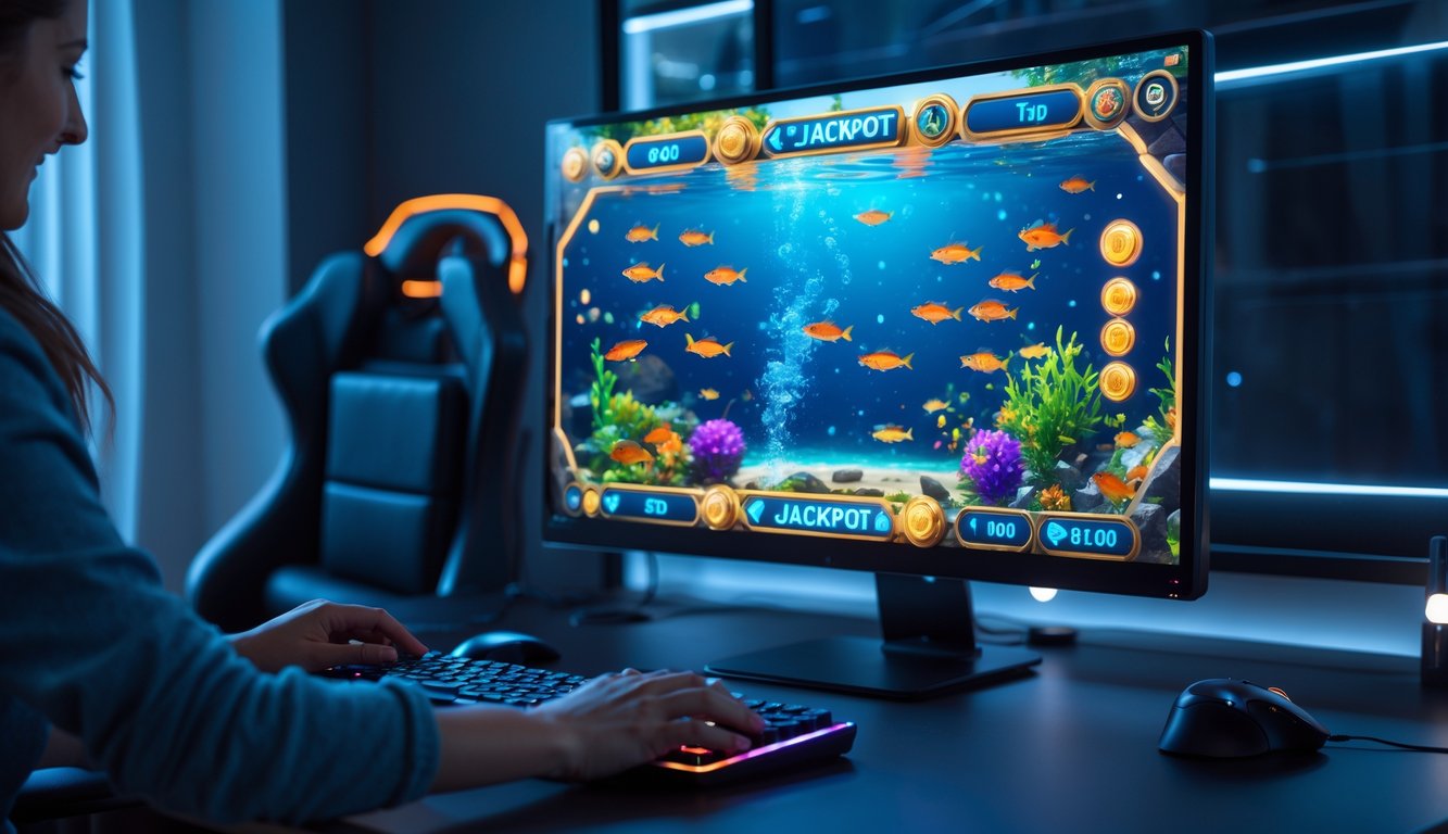 Seseorang sedang bermain game tembak ikan online di komputer dengan layar menampilkan ikan warna-warni dan suasana ruangan gaming yang modern.