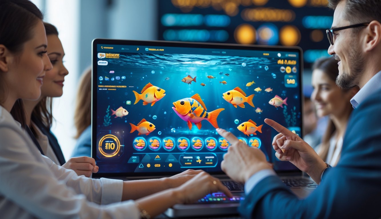 Beberapa orang sedang bermain game tembak ikan auto jackpot online di depan komputer dengan layar yang menampilkan grafik ikan berwarna-warni.
