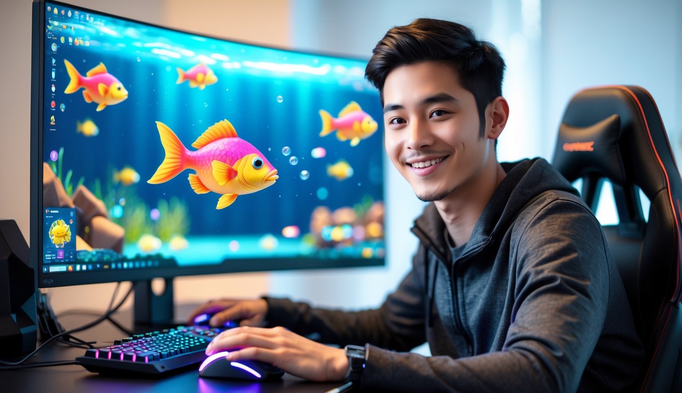 Seorang pria muda duduk di depan komputer dengan layar menampilkan permainan tembak ikan, tampak fokus dan tersenyum ringan saat bermain.