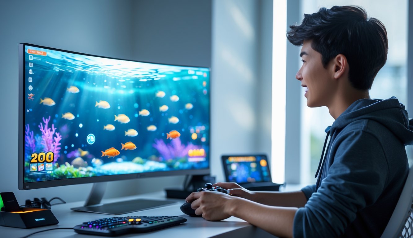 Seorang dewasa muda fokus bermain permainan tembak ikan di komputer dengan latar ruangan modern dan pencahayaan hangat.