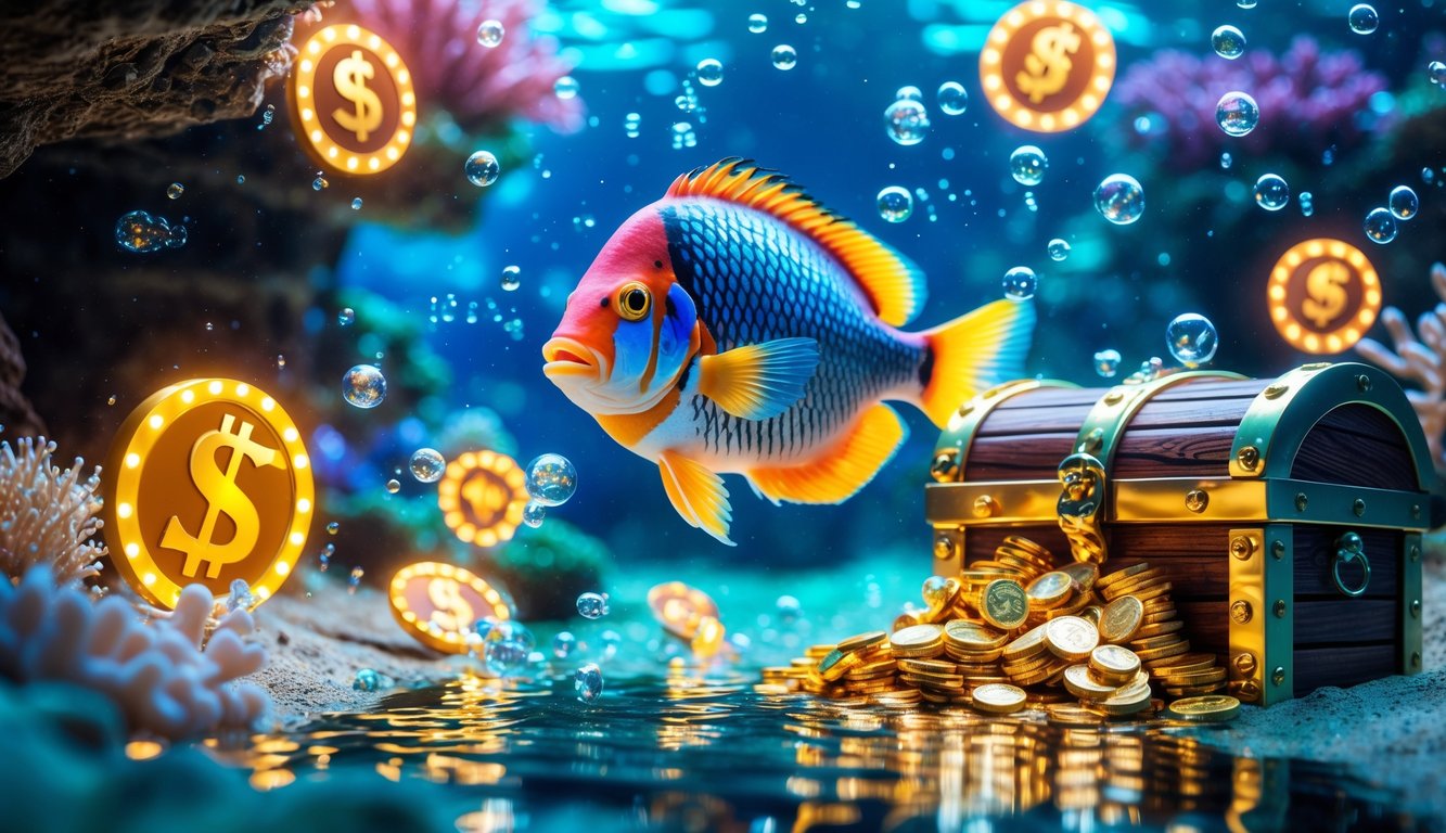 Seekor ikan berwarna cerah berenang di dekat peti harta karun yang penuh dengan koin emas dan permata di dasar laut.
