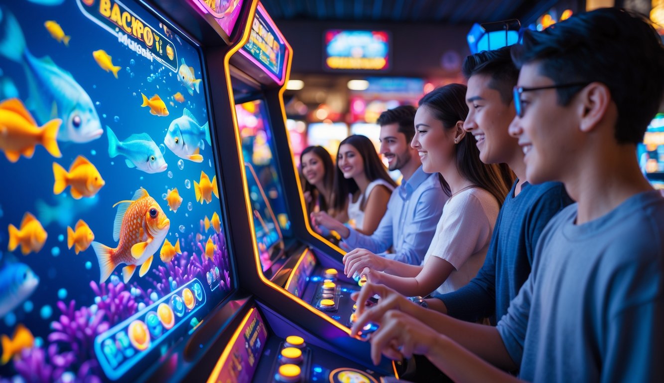 Beberapa orang sedang bermain permainan tembak ikan otomatis dengan layar penuh warna di sebuah ruang permainan.