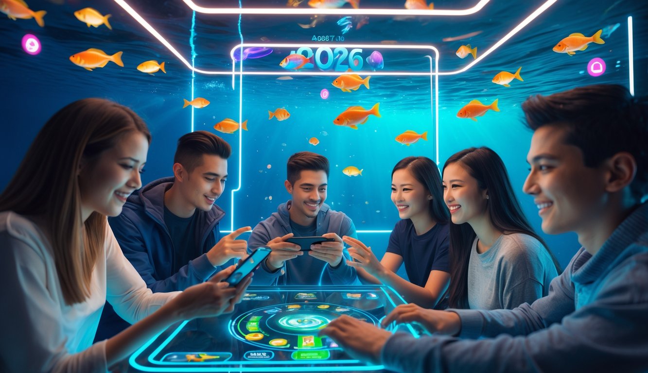 Beberapa orang muda sedang menggunakan perangkat digital dengan latar belakang suasana bawah laut dan ikan-ikan berwarna-warni di layar sentuh.