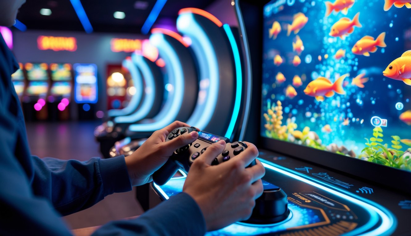 Seorang pemain sedang fokus memainkan permainan tembak ikan otomatis di sebuah arcade modern dengan layar penuh warna dan suasana terang.