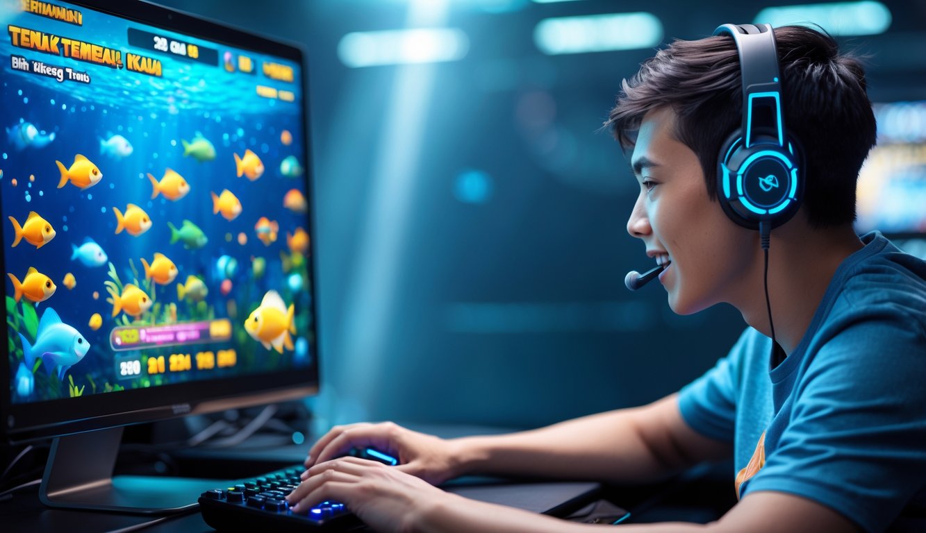 Seorang pria muda sedang bermain permainan tembak ikan di komputer dengan layar penuh warna dan berbagai ikan animasi, terlihat fokus dan serius.
