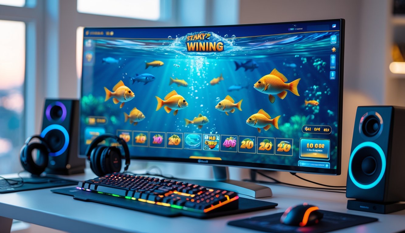 Sebuah meja dengan komputer menampilkan permainan tembak ikan dengan grafik ikan dan simbol jackpot di layar.