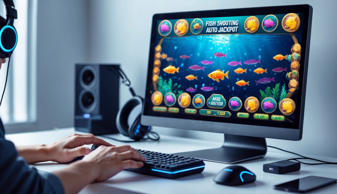 Seseorang sedang bermain game tembak ikan auto jackpot di komputer dengan layar penuh warna dan berbagai ikan serta ikon jackpot terlihat.