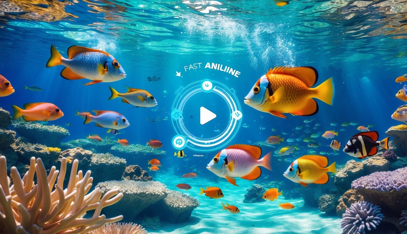 Pemandangan bawah laut dengan ikan tropis berwarna-warni berenang di sekitar terumbu karang yang jernih.