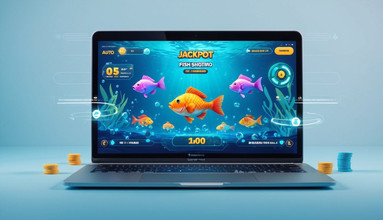 Sebuah layar komputer menampilkan permainan menembak ikan dengan grafik bawah laut berwarna-warni dan ikon jackpot, di latar belakang berwarna biru muda yang bersih.