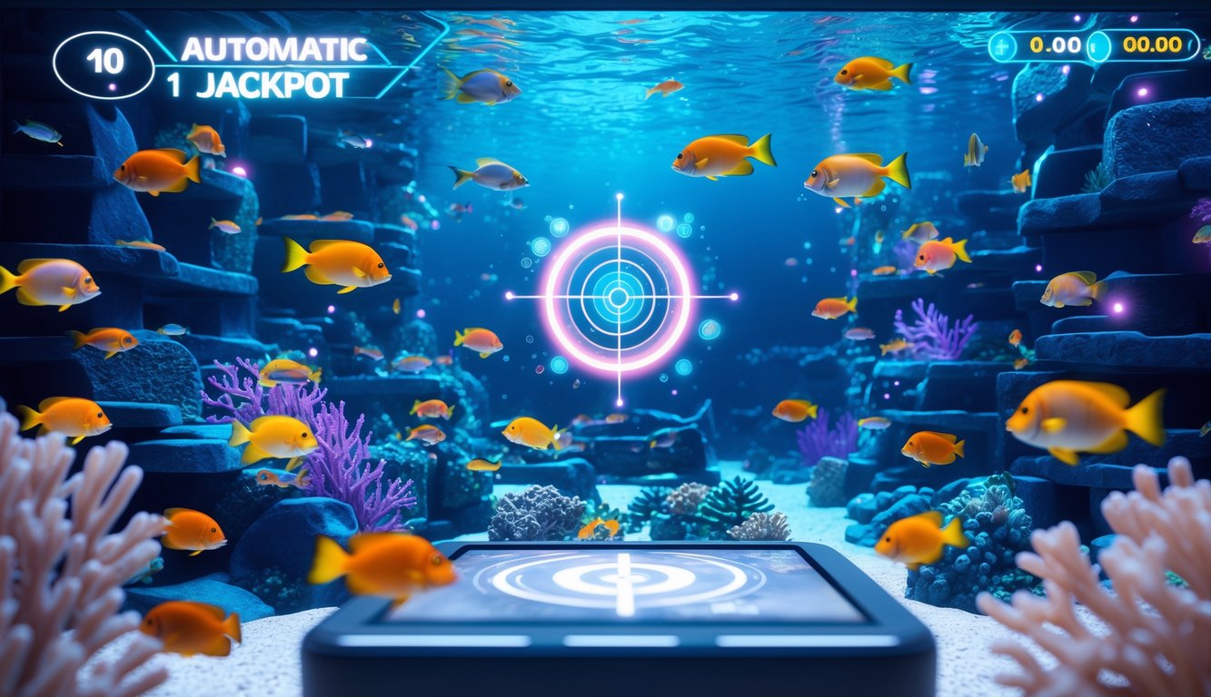 Pemandangan bawah laut dengan ikan warna-warni dan antarmuka permainan digital yang menunjukkan target dan indikator jackpot.