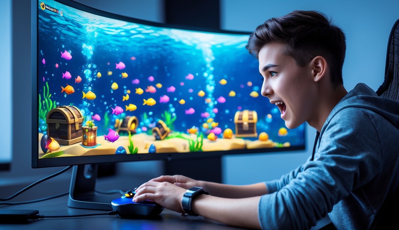Seorang pemain muda fokus bermain game menembak ikan di komputer dengan layar besar yang menampilkan ikan warna-warni dan harta karun di bawah laut.