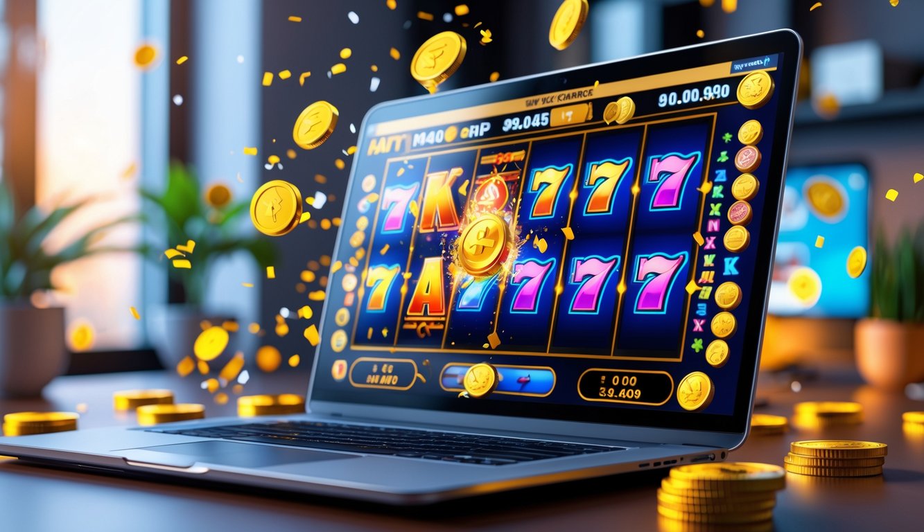 Seorang pengguna bermain mesin slot online di laptop di lingkungan rumah yang nyaman dengan dekorasi sederhana.