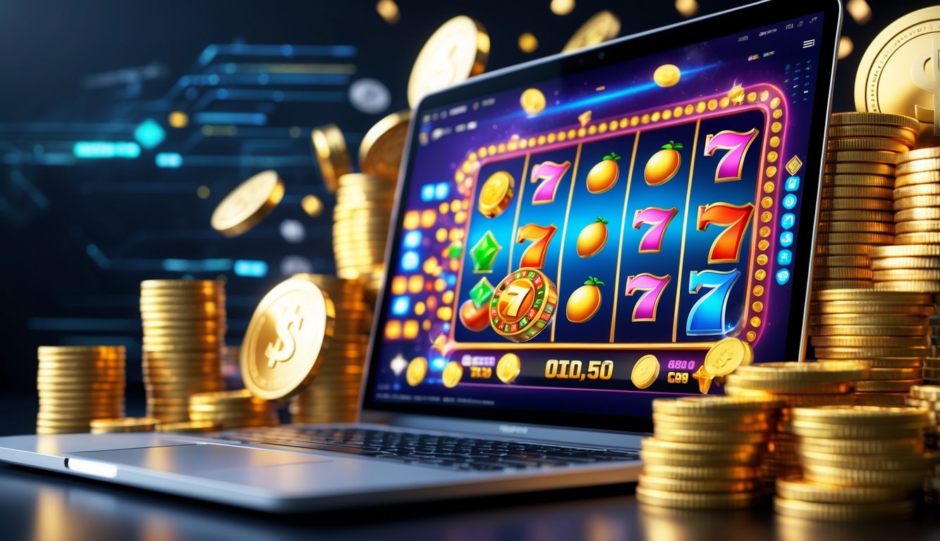 Layar komputer menampilkan permainan slot online dengan simbol warna-warni dan koin emas di sekitarnya.