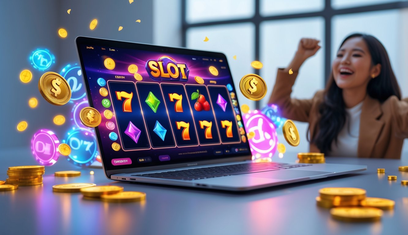 Seorang pemain yang senang duduk di depan komputer dengan permainan slot online yang berwarna-warni di layar, dikelilingi oleh koin dan simbol kemenangan.
